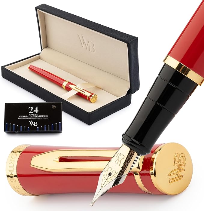 Wordsworth & Black Fountain Pen Set, Medium Nib, Includes 24 Ink Cartridges and Ink Refill Converter, Gift Case, Journaling, Calligraphy, Smooth Writing Pens [Crimson Red], Perfect for Men and Women