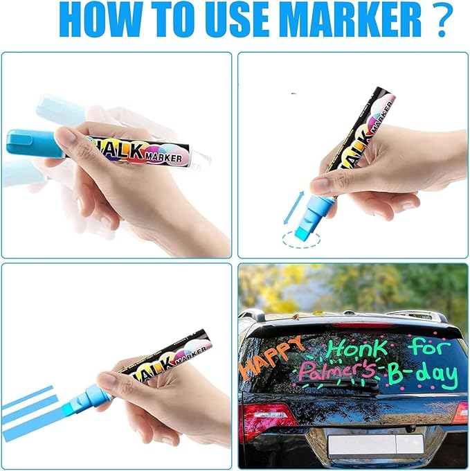 Window Chalk Markers for Cars Glass Washable, 8 Colors Jumbo Liquid Chalk Marker Pens with 15mm 3 in 1 Nib Wide Tip, Chalkboard Markers Car Window Paint Markers Pen for Auto, Mirror, Poster, Business