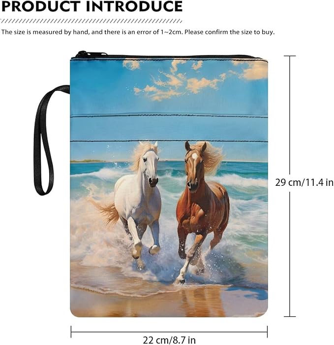 COEQINE Running Horses Book Cover with Zipper for Kids Women Portable Book Pouch Book Lovers Gifts Bookish Gifts Book Cover with Zipper for Hardcover Paperback Washable