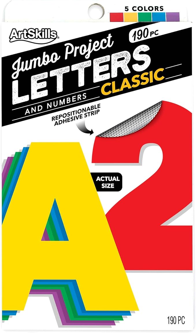 ArtSkills Jumbo 4" Sticky Primary Color Poster Letters and Numbers, 190 Pieces
