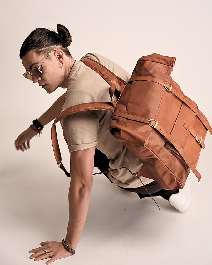 Genuine Leather Backpack for Men - 17.3 Inch Laptop - Designer Roll-top bookbag - Vintage Fashion rucksack back pack for work & travel, X-Large Tan (Brown)