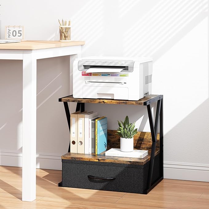 aboxoo Printer Stand For Desk With Storage Drawer, 2 Tier Desktop Or Under Desk Shelf, Multi-Purpose Desk Organizer For Home Office, fit Fax Machine/3D Printer/Scanner, Rustic Brown
