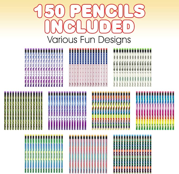 ArtCreativity 150 PC Pencil Assortment for Kids, Fun Assorted Number 2 Pencils, Bulk Wooden Writing Pencils with Erasers, Teacher Supplies for Classroom, Student Reward, Stationery Party Favors