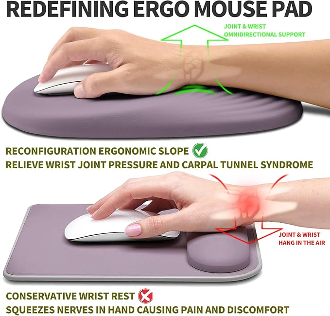 Hokafenle Ergonomic Mouse Pad Wrist Support, Terraced Slope Carpal Tunnel Wrist Pad for Mouse with Unibody Memory Foam, Wrist Rest Pain Relief Mousepad (Pale Purple, 11.8x7.9 in)
