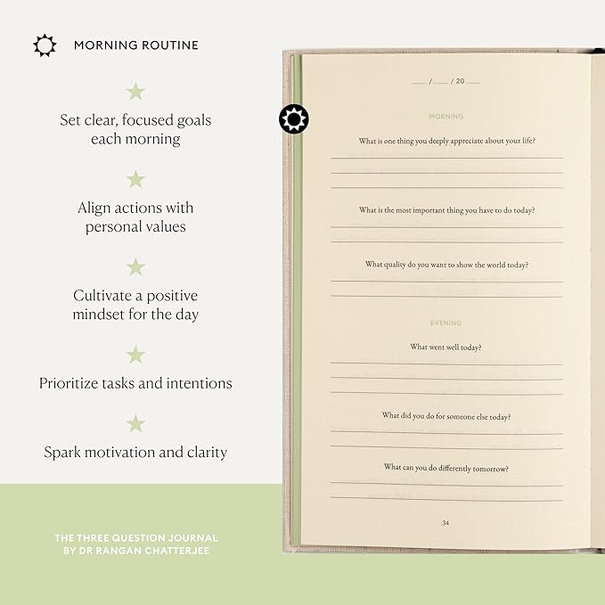 The Three Question Journal Dr. Rangan Chatterjee - Daily Gratitude Journal 2025 for Mindfulness, Stress Relief, Guided Journal for Daily Mental Wellness Personal Growth - Linen - Intelligent Change