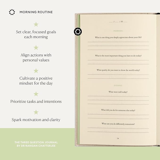 The Three Question Journal Dr. Rangan Chatterjee - Daily Gratitude Journal 2025 for Mindfulness, Stress Relief, Guided Journal for Daily Mental Wellness Personal Growth - Green - Intelligent Change