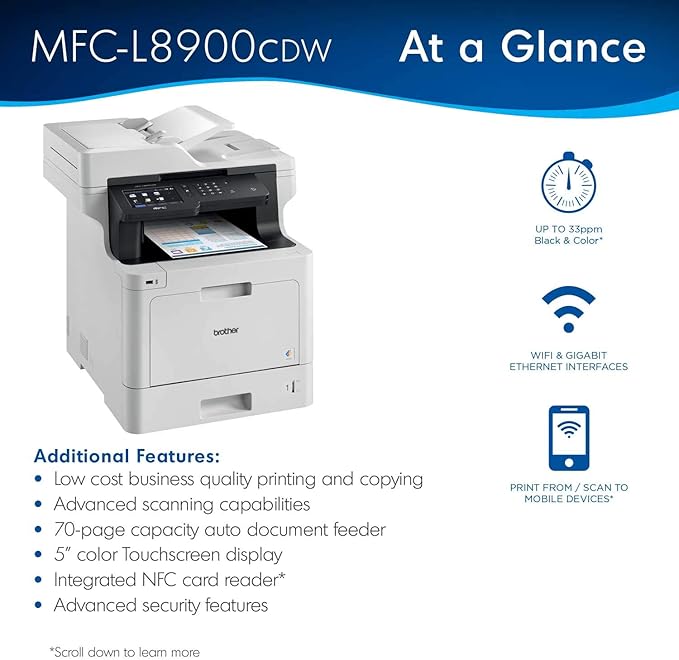 Brother MFC-L8900CDW Business Color Laser All-in-One Printer, Amazon Dash Replenishment Ready