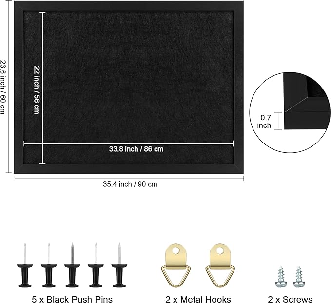TORASO Cork Board Bulletin Board, 23.5" X 35.5" Cork Boards for Walls with Pins, Eye Bolts, gaskets, Screws, Pin Board for Office, School and Home (BK,60x90cm,1p)