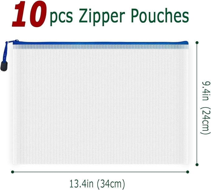 AUSTARK 10 Pcs Zipper File Bags, Waterproof Plastic Mesh Pouch for Office School, Board Game Storage Bags (A4 Size 13.4''x9.4'', White and Blue)