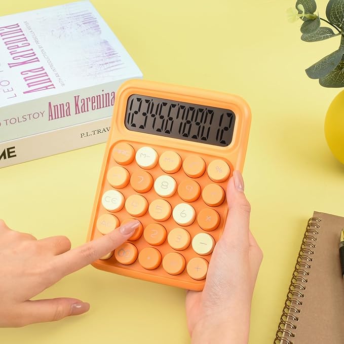 Desktop Calculator 12 Digit, Cute LCD Display Mechanical Basic Standard Calculators with Big Buttons, Aesthetic School Office Supplies (Mixed Orange)