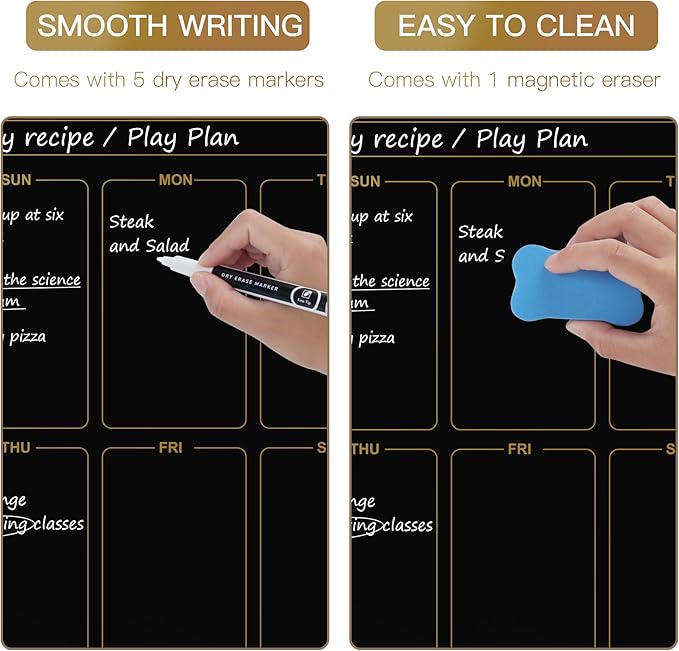 SELEAD Magnetic Glass Planning Board for Small Apartment - 18”x18” Dry Erase Whiteboard Weekly Planner Wall Calendar, Message Memo TODO Board for Home Kitchen, Black&Gold