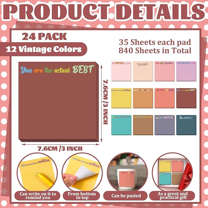 Yinder 24 Pcs Inspirational Sticky Notes with Lines Cute Motivational Sticky Notes Pad Employee Appreciation Gifts Bulk for Teacher Nurse Coworkers Office Supplies 3 x 3''(Vintage Style,Thank You)