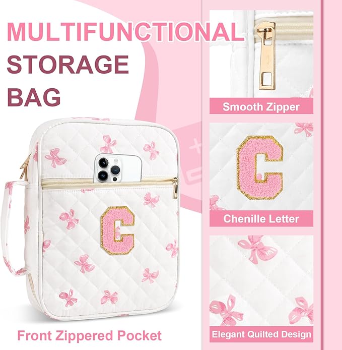 Personalized Initial Bible Cover Case for Women Girls Kid - Large Quilted Bible Case with Handle, Stylish Chenille Letter Bag Study Supplies, Perfect Christmas Gifts for Christians Women (Pink Bow-C)