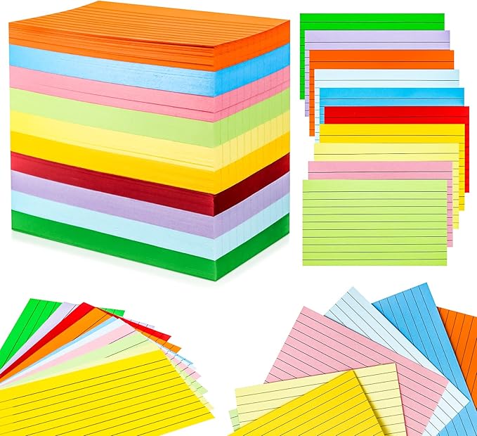 MotBach 600 Pieces Index Cards Flash Cards,3" x 5", 10 Color Assorted Color Memo Note Cards Studying Record To Do List for Home School Office Supplies (Lined Card)