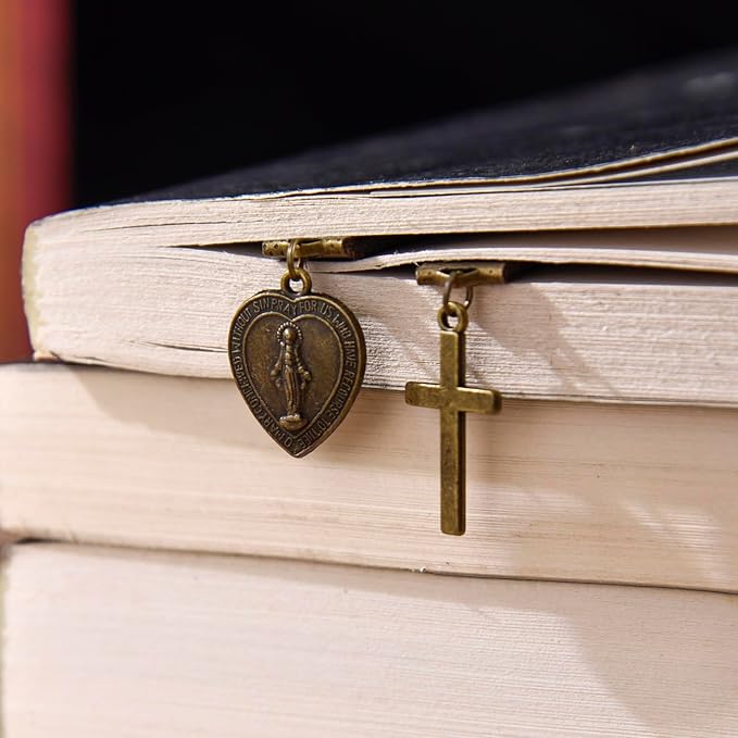 Bookmark, Handmade Catholic Prayer Bookmarks with Long Leather Strap, Heart-Shaped Virgin Mary Book Mark, Ideal Christian Gift (Style 2)