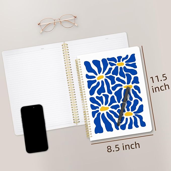 Cute Spiral Notebook journal A4 Aesthetic Pretty Design for Women Girls Kawaii with Pocket, 8.5 x 11 inch, Lined, Blue Flower