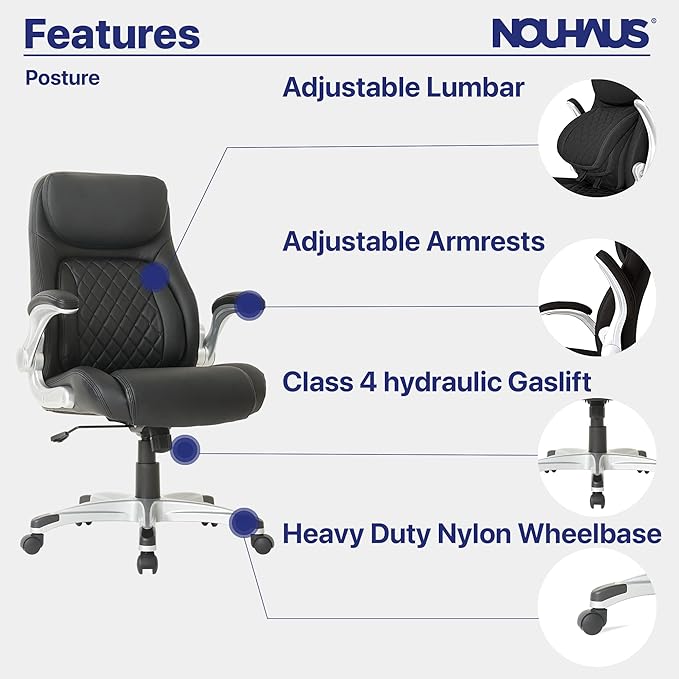 Nouhaus +Posture Ergonomic PU Leather Office Chair. Click5 Lumbar Support with FlipAdjust Armrests. Modern Executive Chair and Computer Desk Chair (Black)