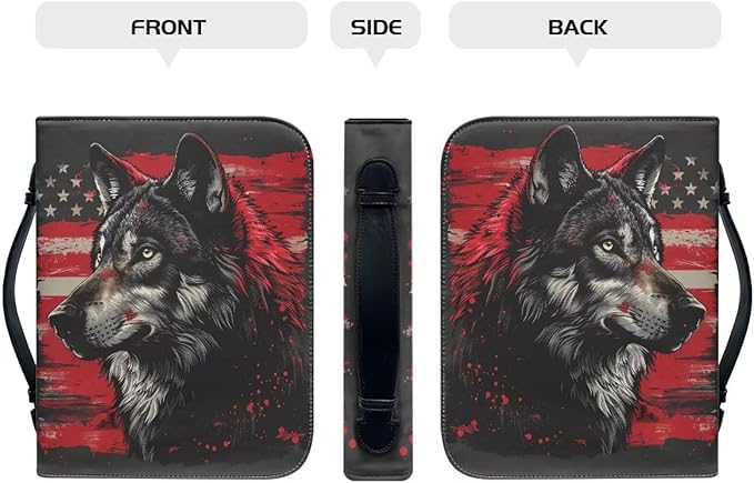 Lotusorchid American Flag Wolf Bible Bags, Faux Leather Bible Covers with Handle Pockets for Women, Portable Sturdy Bible Bag for Men, Christian Bible Study Accessories, Black and Red, L