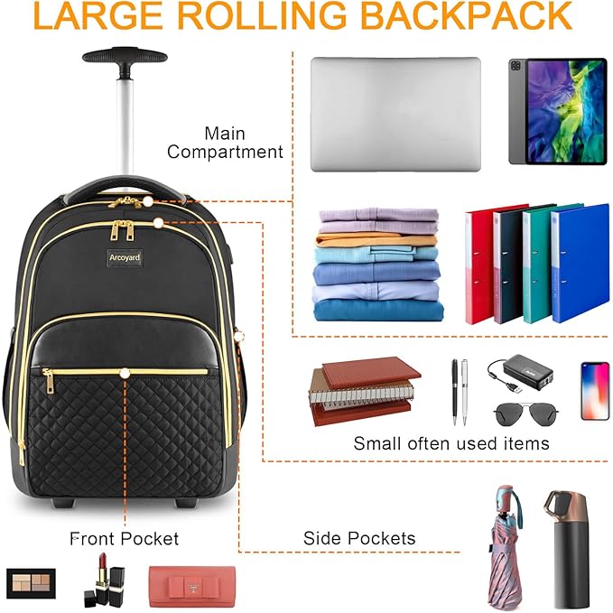 Rolling Backpack Carry On Luggage For Adults With Wheels, 40L Wheeled Backpack For Women, Travel Roller Backpack, Rolling Bag, Black Gold