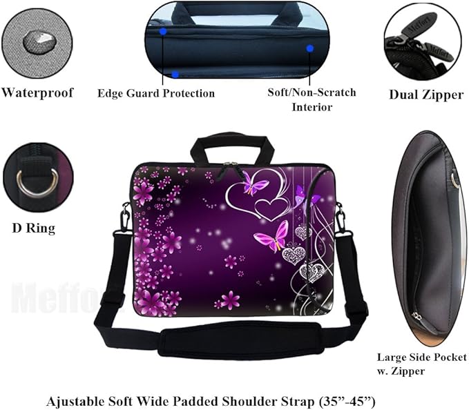 Meffort Inc 17 Inch Neoprene Laptop Bag with Extra Side Pocket, Soft Carrying Handle & Removable Shoulder Strap Fit 16" to 17.3" Size - Purple Heart Butterfly
