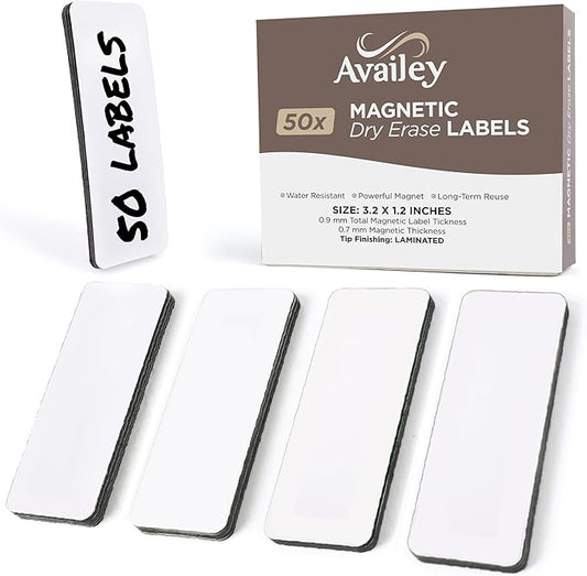 Availey 50 Pieces (3.2 x 1.2") - White Magnetic Dry Erase Labels - Reusable Strips for Classroom Home Office Garage Refrigerator Blank Writable Erasable Cards Name Tags Students Locker Shelf