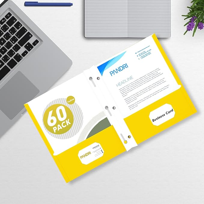 Two Pocket Folders, PANDRI 60 Pack Two Pocket Folders with Prongs, 3 Prong Folders Designed for Office and Classroom, Letter Size Yellow