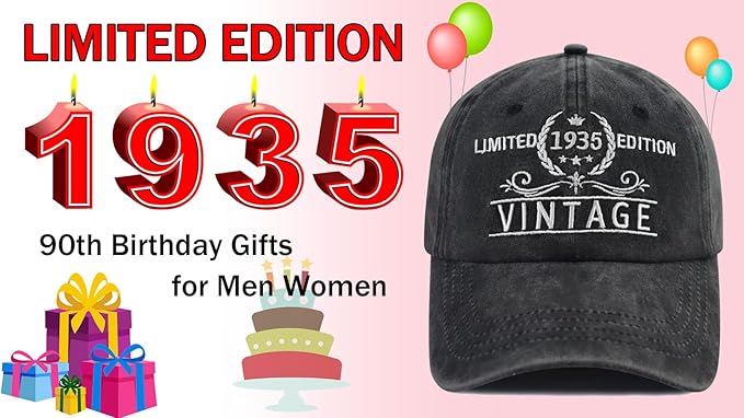 Goyklrb Limited Edition 1935 Baseball Hats for Men Women, Adjustable Cotton Embroidered 90th Birthday Baseball Cap