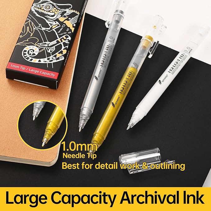Gold Pens, 3Pack,1mm Extra Fine Point, Gold Gel Pens for Artists, Gold Gel Pen, Gold Ink Pen, Gold Pens for Black Paper, Gold Drawing Pens,Gold Pen for Artists Drawing