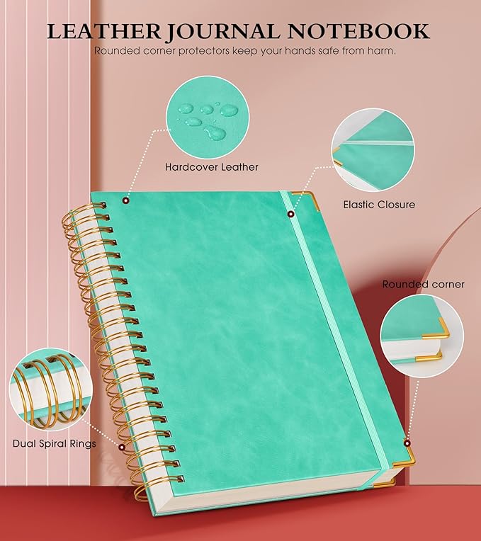 Spiral Notebook Journal 5.75” x 8.38”, 300 Pages Hardcover Leather Lined Journals for Women Men, A5 Small College Ruled Notebooks with 100 GSM Thick Paper, Spiral Journal for Writing Work School, Teal