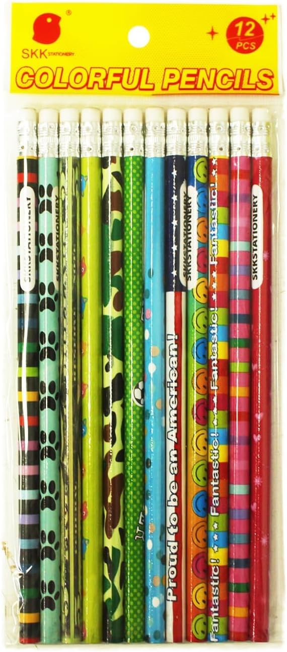 SKKSTATIONERY Assorted Colorful Wooden Pencils with Eraser, Novelty Kids & Awards Pencils, 2 HB, 12 Colors 144/box