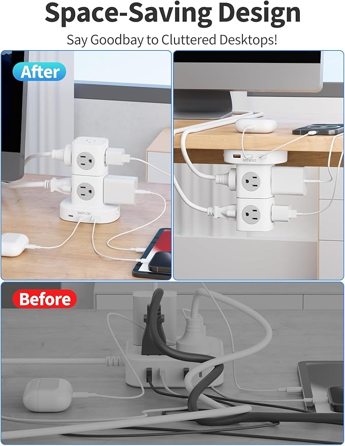 Power Strip Tower Surge Protector with 9 Outlets 3 USB (2 USB C), 5Ft Braided Extension Cord with Multiple Outlets, 1700J Surge Protection, Detachable Charging Station for Home Office Dorm