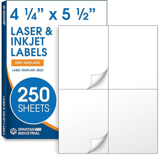 4.25" X 5.5" Matte White Shipping Labels Compatible with Inkjet and Laser Printers - 250 Sheets, 1000 Total Printable Stickers for Mailing, Product Labeling, Organization - Spartan Industrial
