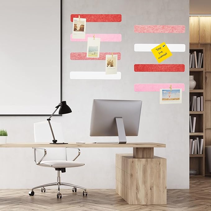 Red & White Bulletin Board Strips, 8Pcs Felt Pin Board Bar Strips with 50 Pushpins, Self-Adhesive Felt Cork Board Strips for Wall to Display Your Notes, Photos, Schedules, Announcements