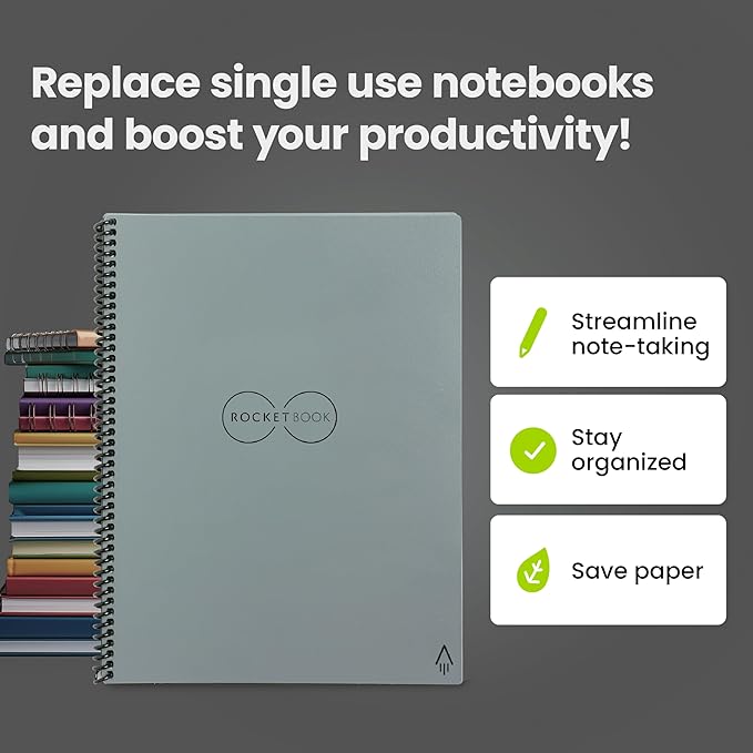 Rocketbook Core Reusable Spiral Notebook, Letter Size 8.5x11, Gray - Lined Pages, App-Connected, Erasable, Durable Cover, Ideal for School, Work, and Creative Projects