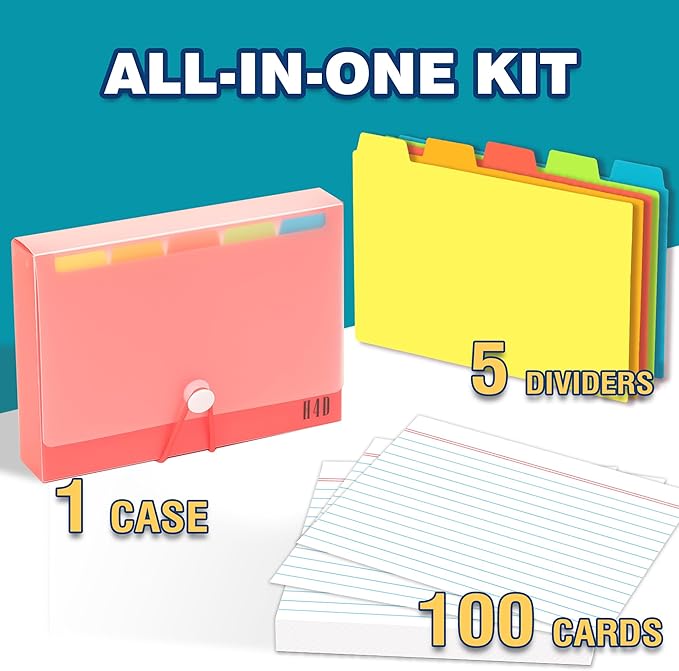 H4D 4x6 Index Card Case with 100 Heavyweight Ruled Index Cards and Dividers, Red