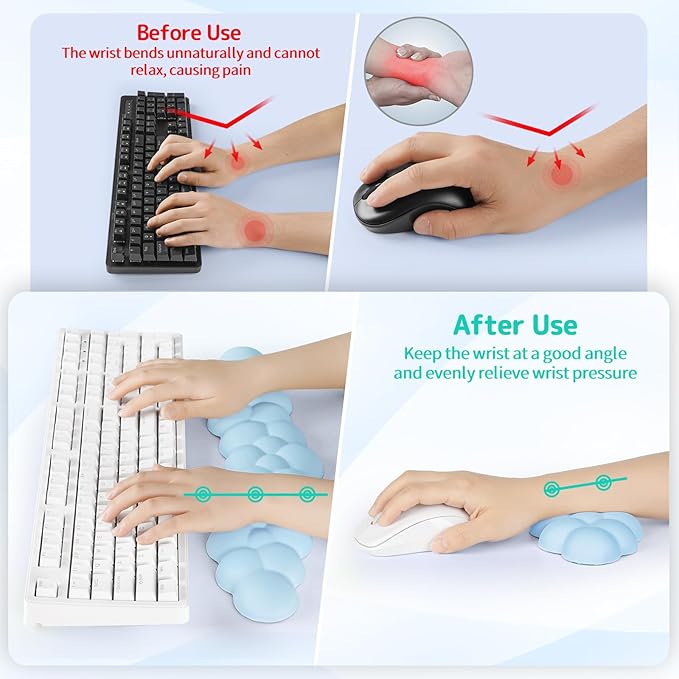 Cloud Wrist Rest Keyboard, Cloud Palm Rest Set with PU Leather Memory Foam, Cute Keyboard Rest for Wrist Support and Arm Rest, Desk Cloud Wrist Pad for PC/Gaming/Hand Cushion/Computer-Blue