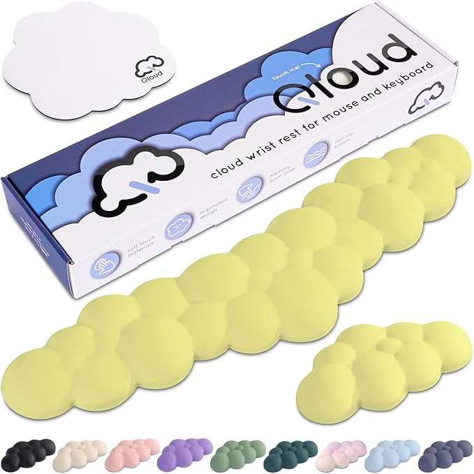 Qloud Cloud Wrist Rest Keyboard Wrist Rest for Computer Keyboard Pad, Cloud Keyboard Wrist Rest, Wrist Pad for Keyboard, Memory Foam, Non Slip Base, Comes with Mouse Pad - Yellow