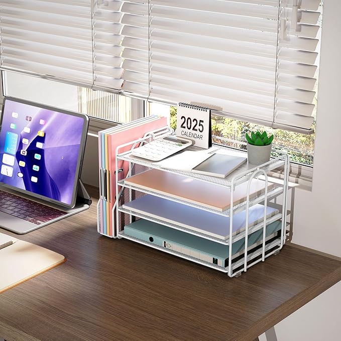 gianotter 2025 New Large Capacity Desk Organizer with Detachable Magazine Holder, 4-Tier Paper Organizer Letter Tray, Desk Accessories for A4 Paper and Document Storage(White)