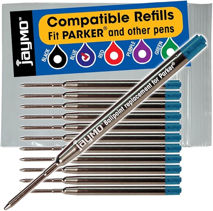 Jaymo Replacement for Parker 1950371 and Bastion - Measures 3.875 in / 98 mm Long - G2 Ballpoint Pen Refill - 12 Blue