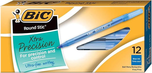 BIC Round Stic Xtra Precision Ballpoint Pen, Fine Point (0.8mm), Blue, 12-Count