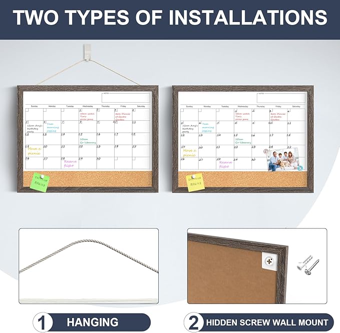 Whiteboard Calendar & Corkboard for Wall, 17"x13" Magnetic Dry Erase Monthly Calendar with Wood Framed, White Board Cork Board Combo, Calendar Bulletin Board for Home Kitchen Office Memo Planner