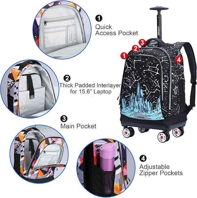 UNIKER Rolling Backpack with Wheels for Travel, Roller Backpack for Women, Wheeled Laptop Bag Fits 15.6 Inch Notebook