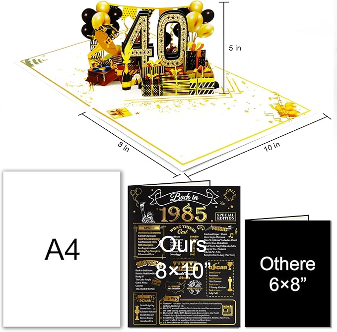 40th Birthday Card for Men Women, 3D Pop Up 40th Birthday Gifts Cards for Him Her, Back In 1985 Funny 40 Year Old Birthday Decorations