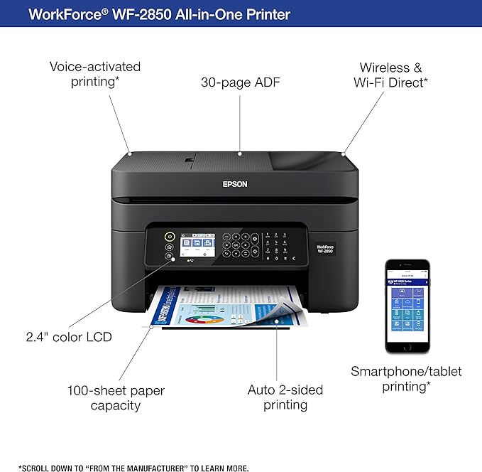 Epson Workforce WF-2850 Wireless All-in-One Printer with Scan, Copy, Fax