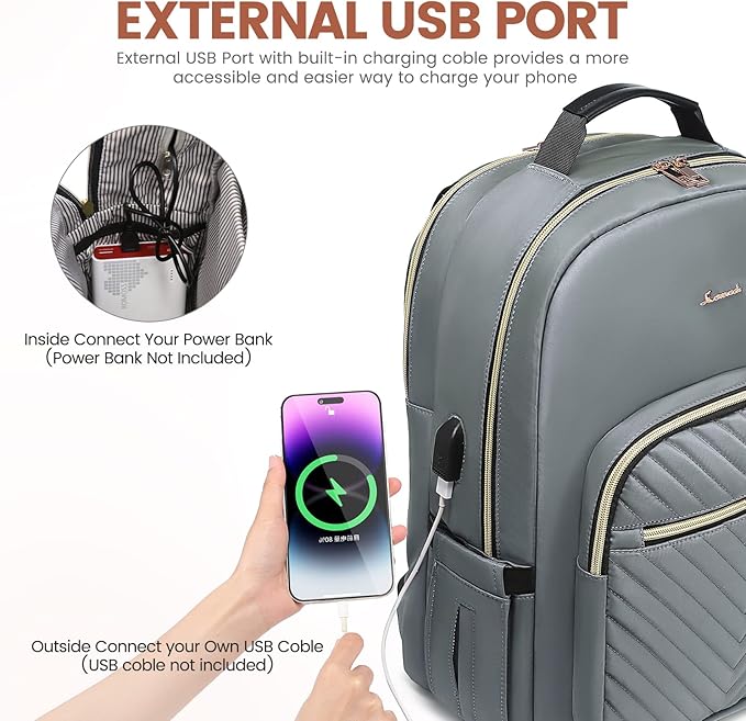 LOVEVOOK Laptop Backpack for Women 17.3 inch,Cute Womens Travel Backpack Purse,Professional Laptop Computer Bag,Waterproof Work Business College Teacher Bags Carry on Backpack with USB Port,Grey