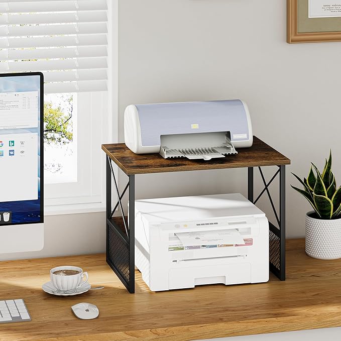 Printer Stand for Desk, Desktop Printer Stand Shelf Organzier for Home Offic, for Above and Under Desk, Fax Machine Copier Scanner, Rustic Brown