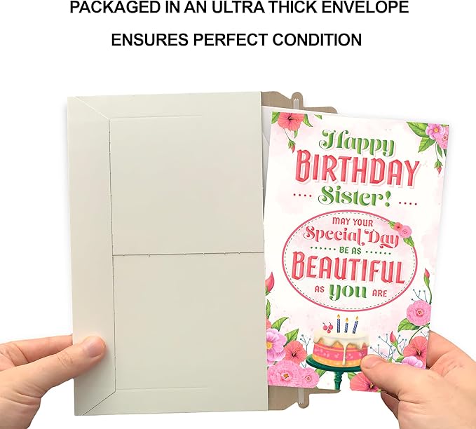 Prime Greetings Sister Birthday Card, Made in America, Eco-Friendly, Thick Card Stock with Premium Envelope 5in x 7.75in, Packaged in Protective Mailer