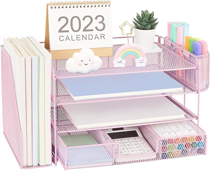 Desk Organizers and Accessories, Desk Accessories & Workspace Organizers for Office Supplies, File Organizer Desk Drawer Organizer with 2 Pen Holders, 4 Tier Paper Organizer for Desk(Rose Pink)