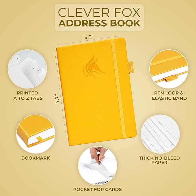 Clever Fox Address Book with alphabetic tabs - PU Leather Telephone and Address Book for Keeping Contacts Safe, Contact Organizer Journal, Medium Size (5.3″ x 7.7″) Hardcover, Amber Yellow