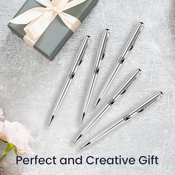 Cambond Ballpoint Pens Bulk Pens - Sliver Metal Pen Nice Luxury Pens for Men Business Office Police Comfortable Writing Twist Retractable 1.0 mm Medium Point Nice Pens, 5 Pack (Silver)